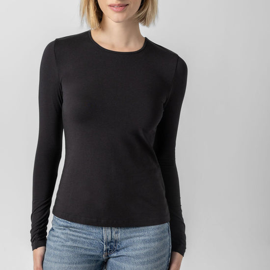 Long Sleeve Crew Tee Womens Top Black A1