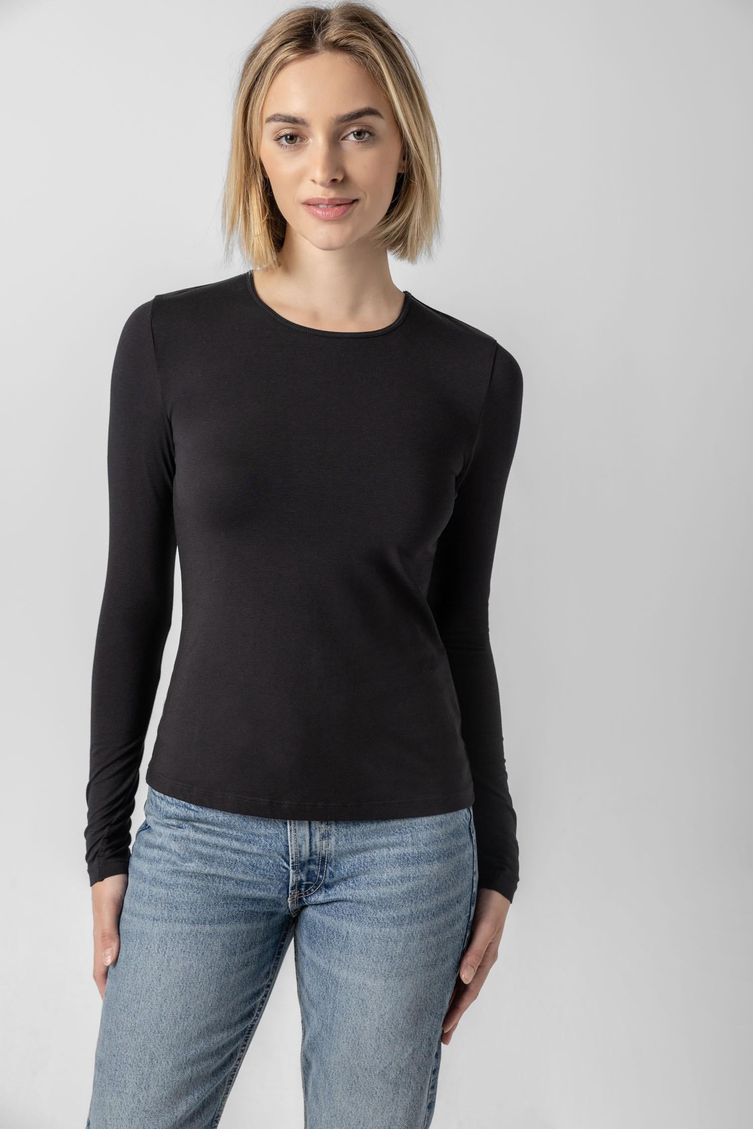 Long Sleeve Crew Tee Womens Top Black A1