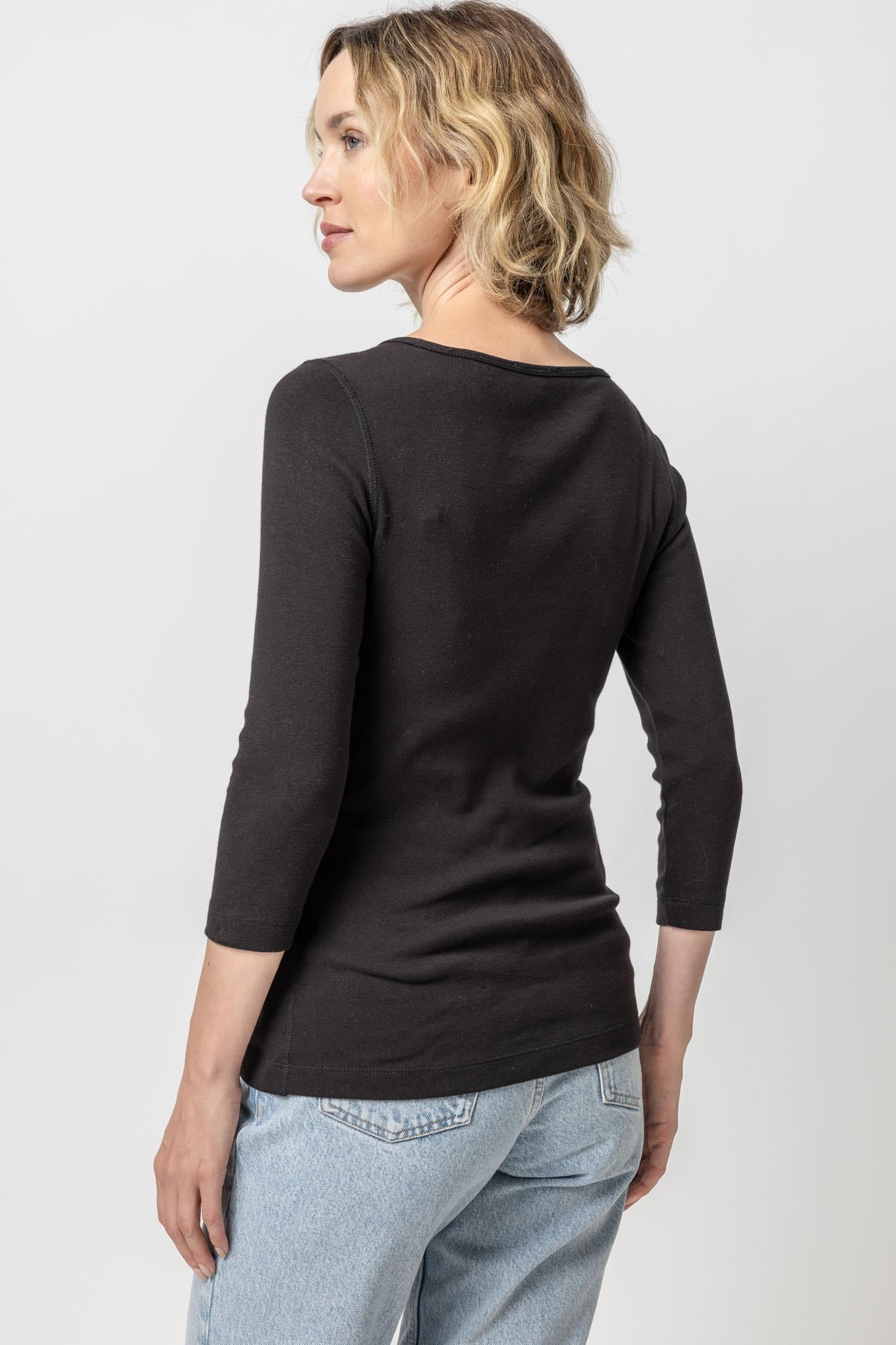 3/4 Sleeve Boatneck Womens Top Black A2