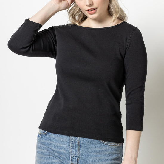 3/4 Sleeve Boatneck Womens Top Black A7