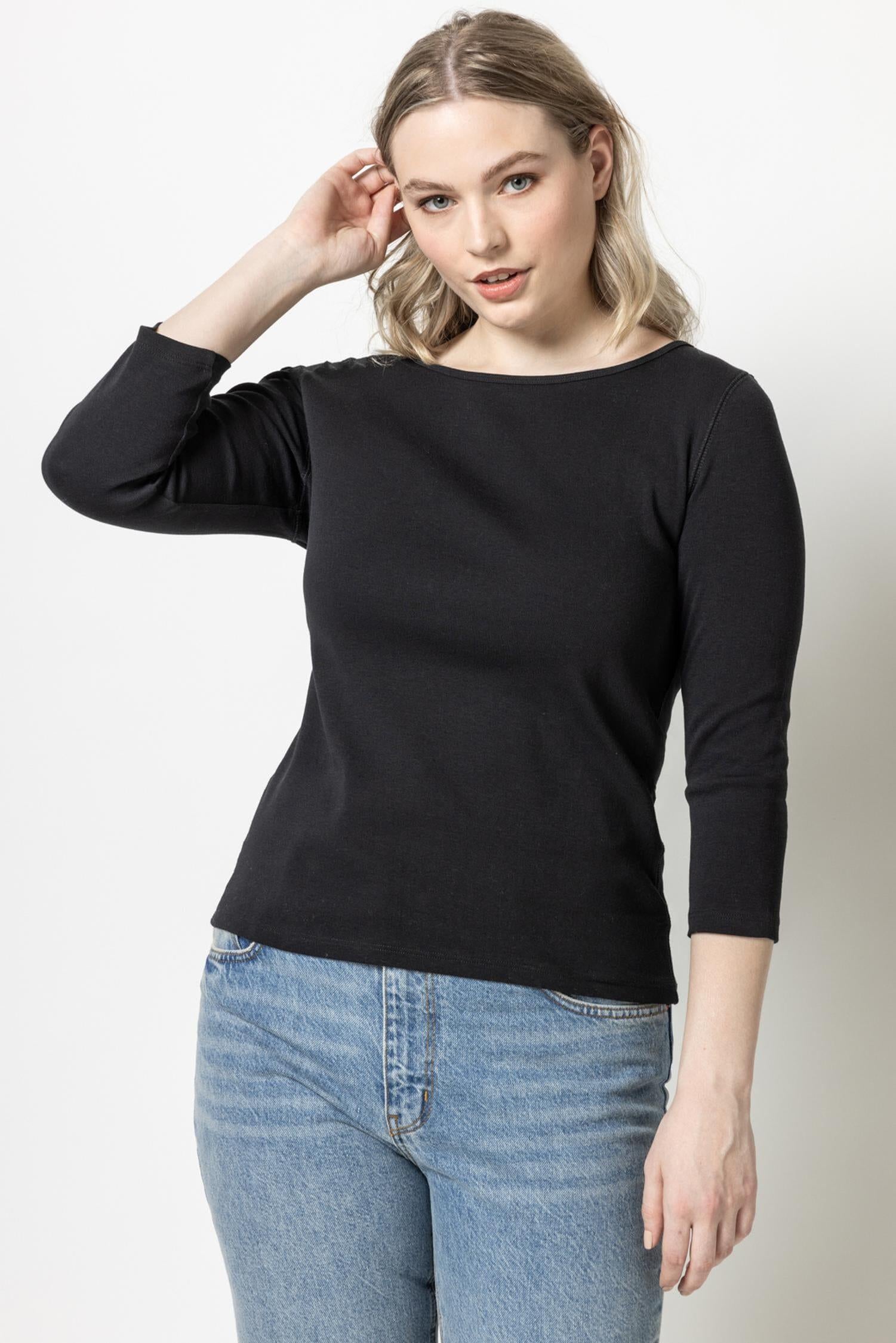 3/4 Sleeve Boatneck Womens Top Black A7