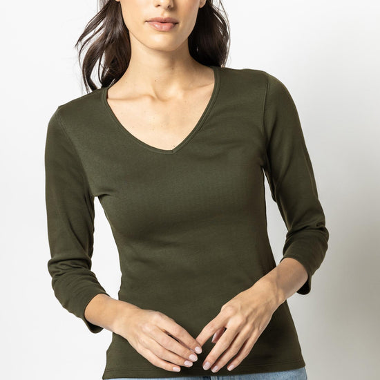 3/4 Sleeve V-Neck Womens Top Army A1