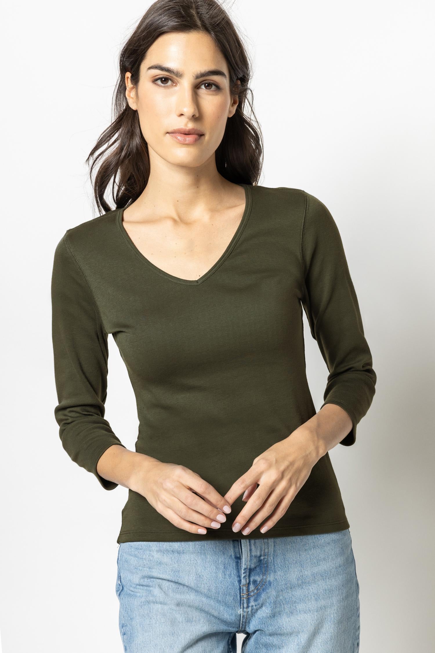 3/4 Sleeve V-Neck Womens Top Army A1