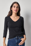 3/4 Sleeve V-Neck Womens Top Black A1