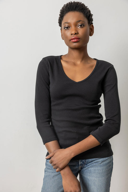3/4 Sleeve V-Neck in color Black Image A1