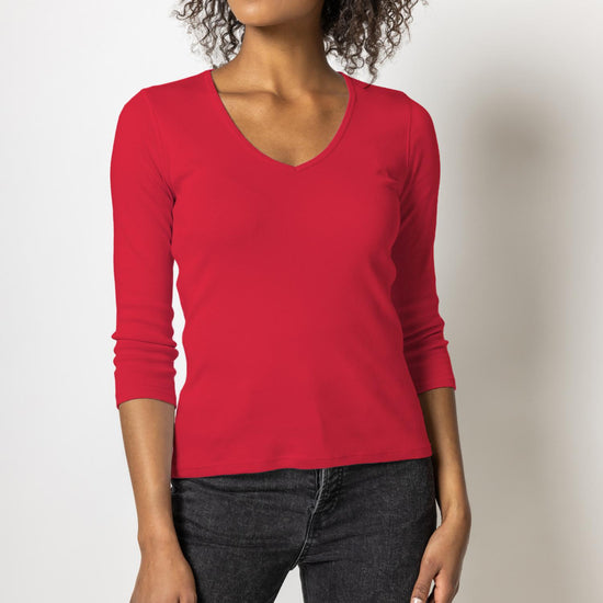 3/4 Sleeve V-Neck Womens Top Cherry A1