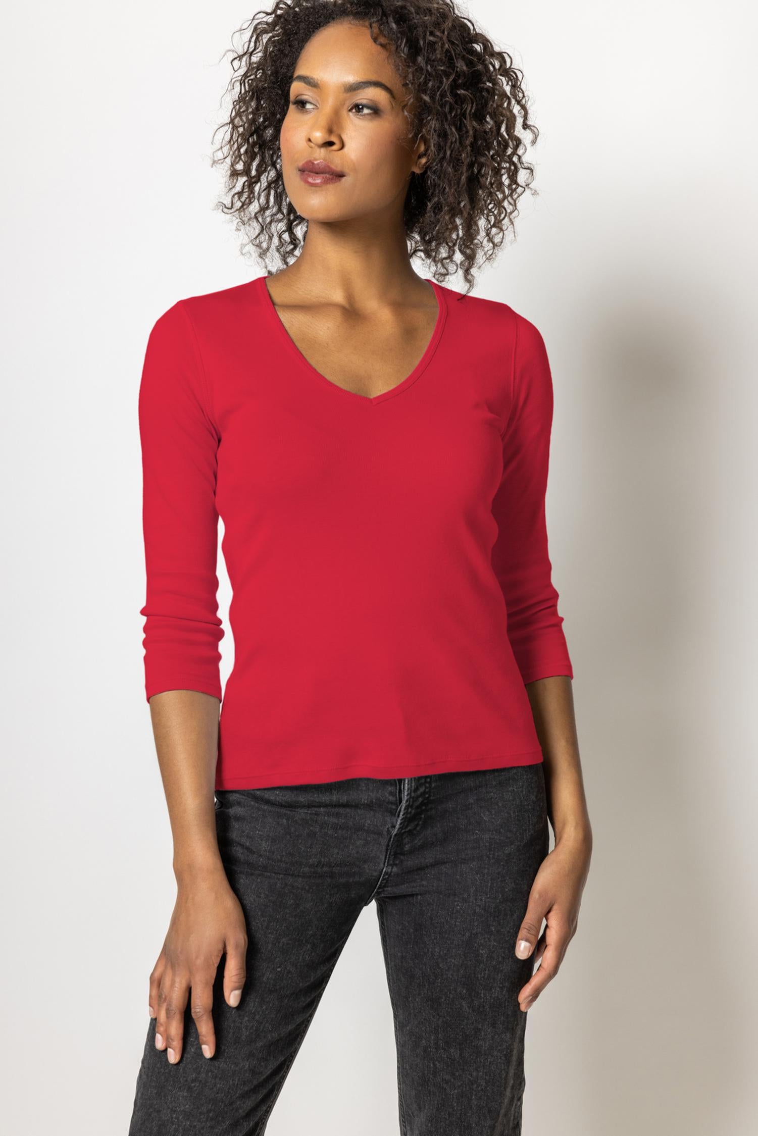 3/4 Sleeve V-Neck Womens Top Cherry A1