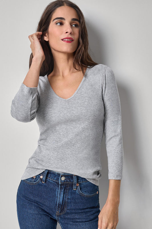 3/4 Sleeve V-Neck in color Heather Grey Image A1