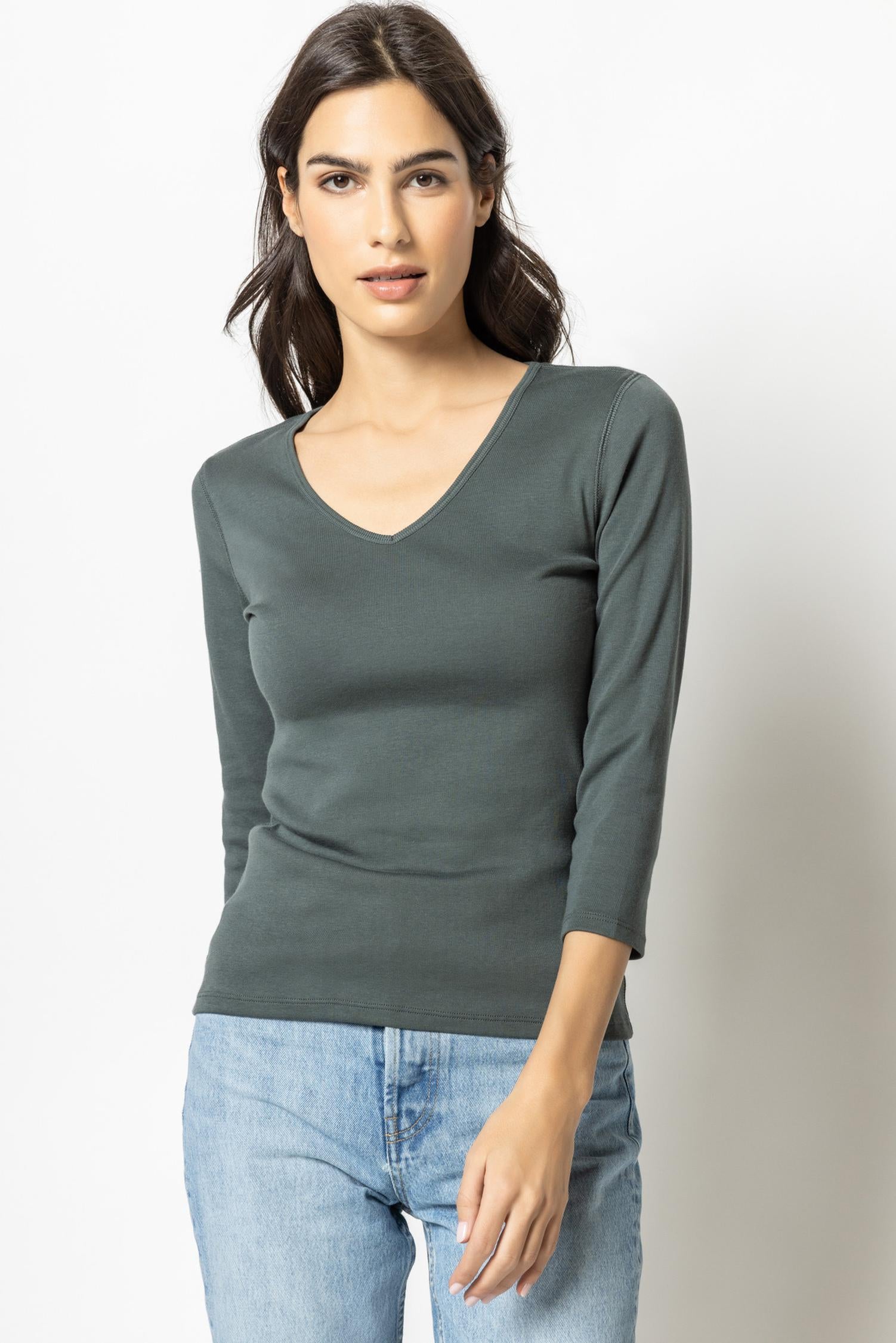 3/4 Sleeve V-Neck Womens Top Mineral A1