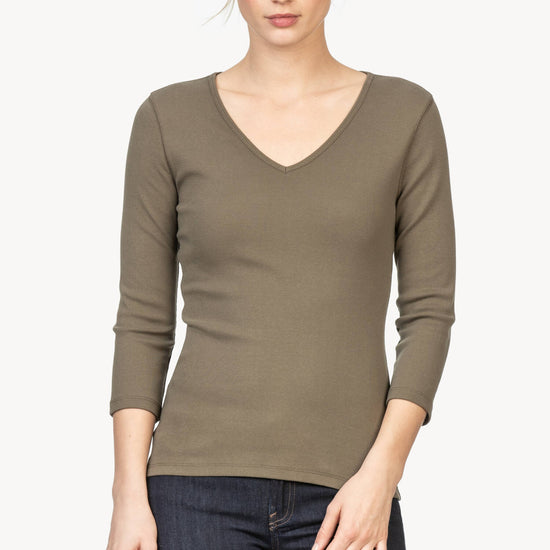 3/4 Sleeve V-Neck Womens Top Moss A1