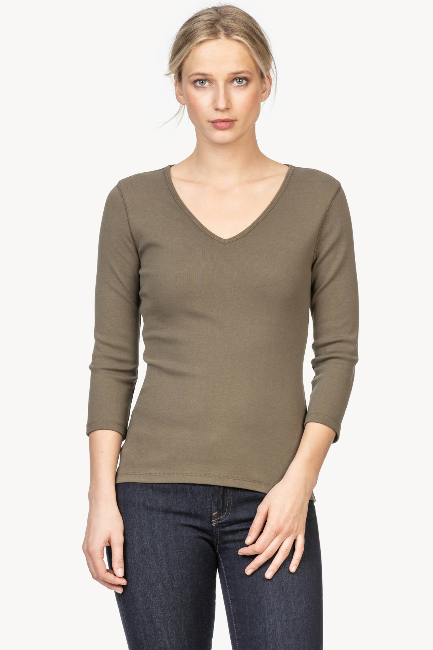 3/4 Sleeve V-Neck Womens Top Moss A1