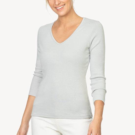 3/4 Sleeve V-Neck Womens Top Silver A1