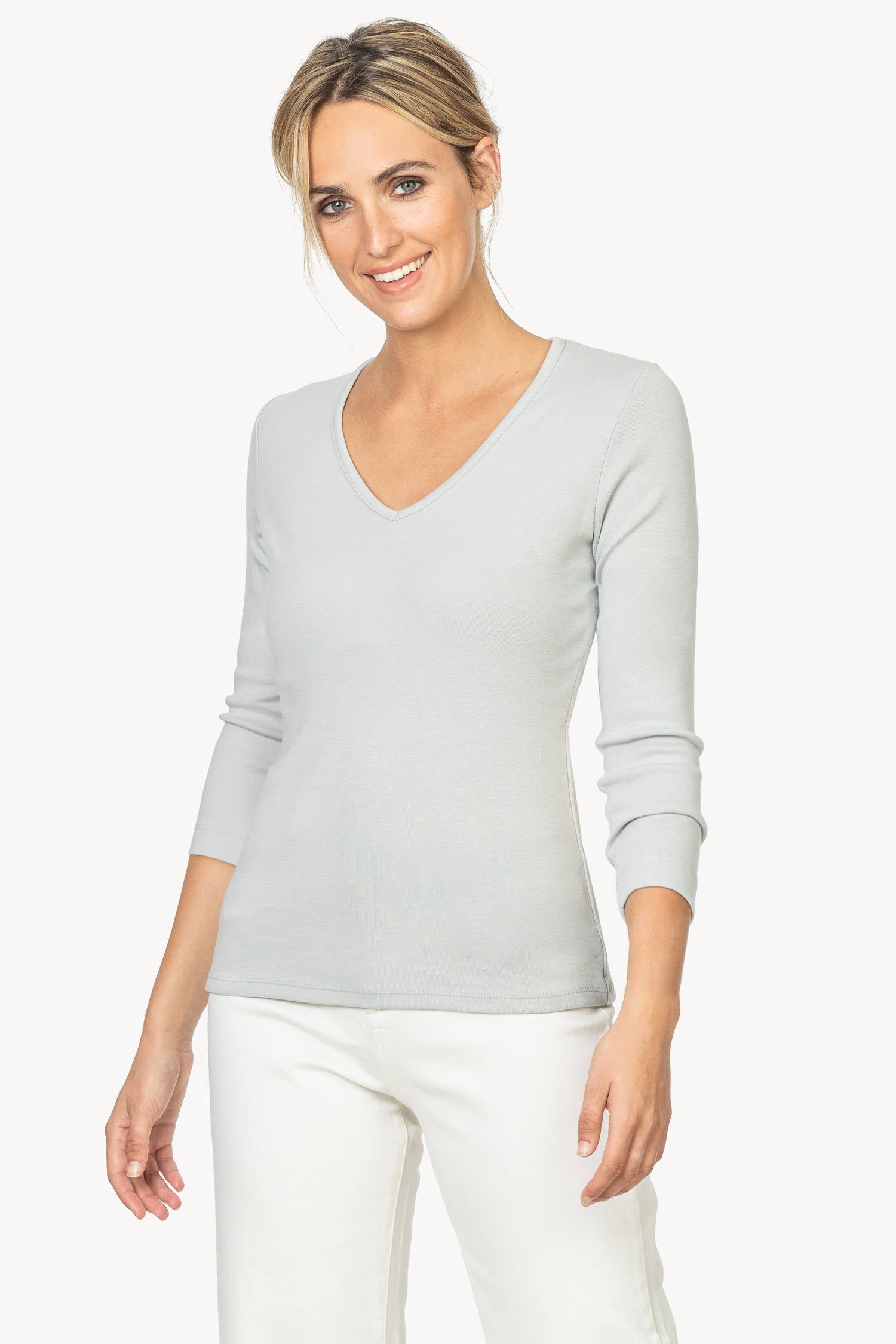 3/4 Sleeve V-Neck Womens Top Silver A1