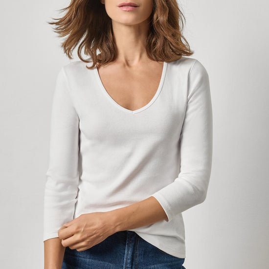 3/4 Sleeve V-Neck Womens Top White A1