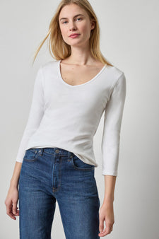 3/4 Sleeve V-Neck Womens Top White A1