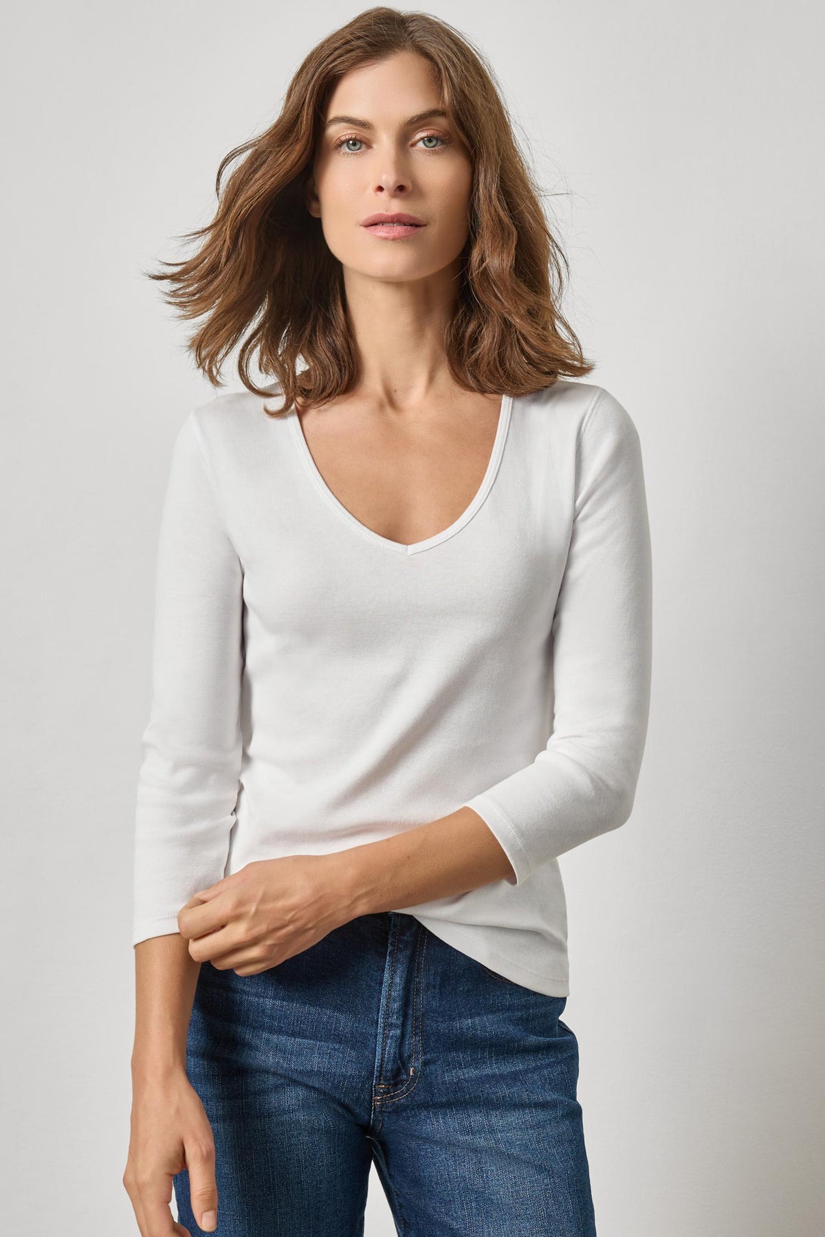 3/4 Sleeve V-Neck Womens Top White A1