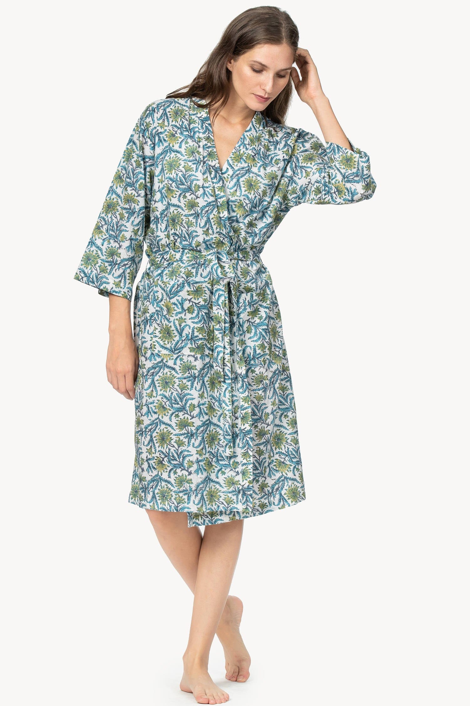 Robe Womens Robe Green Floral Block Print A0