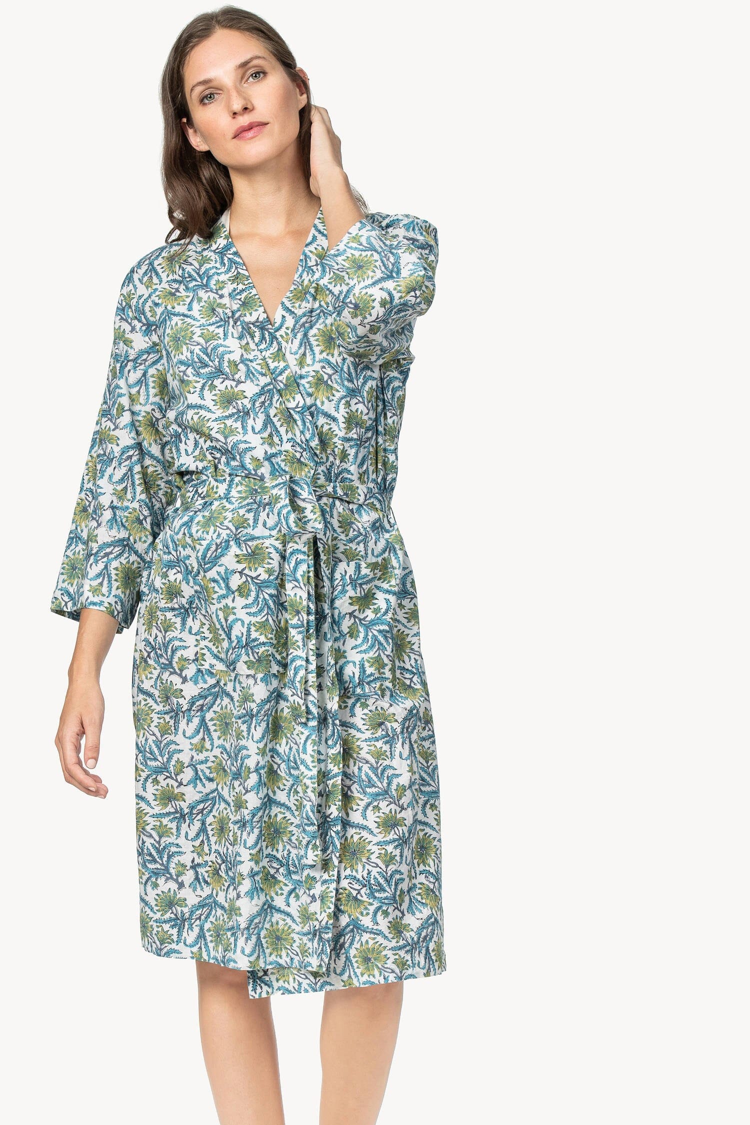 Robe Womens Robe Green Floral Block Print A5