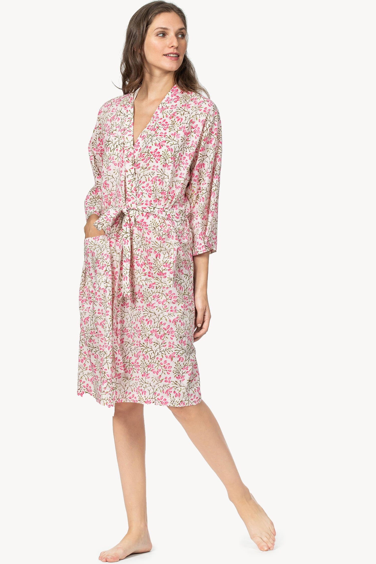 Robe Womens Robe Pink Floral Block Print A0