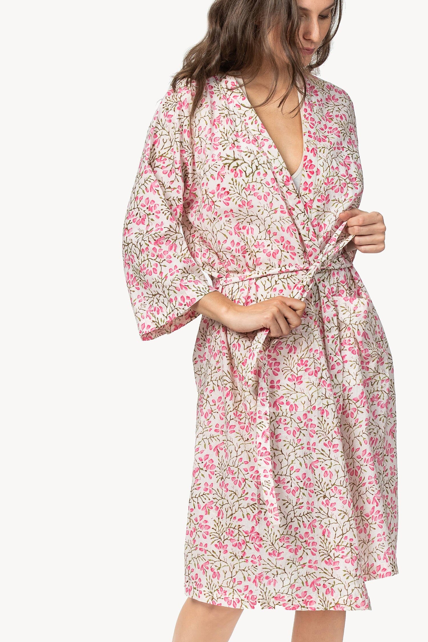 Robe Womens Robe Pink Floral Block Print A1