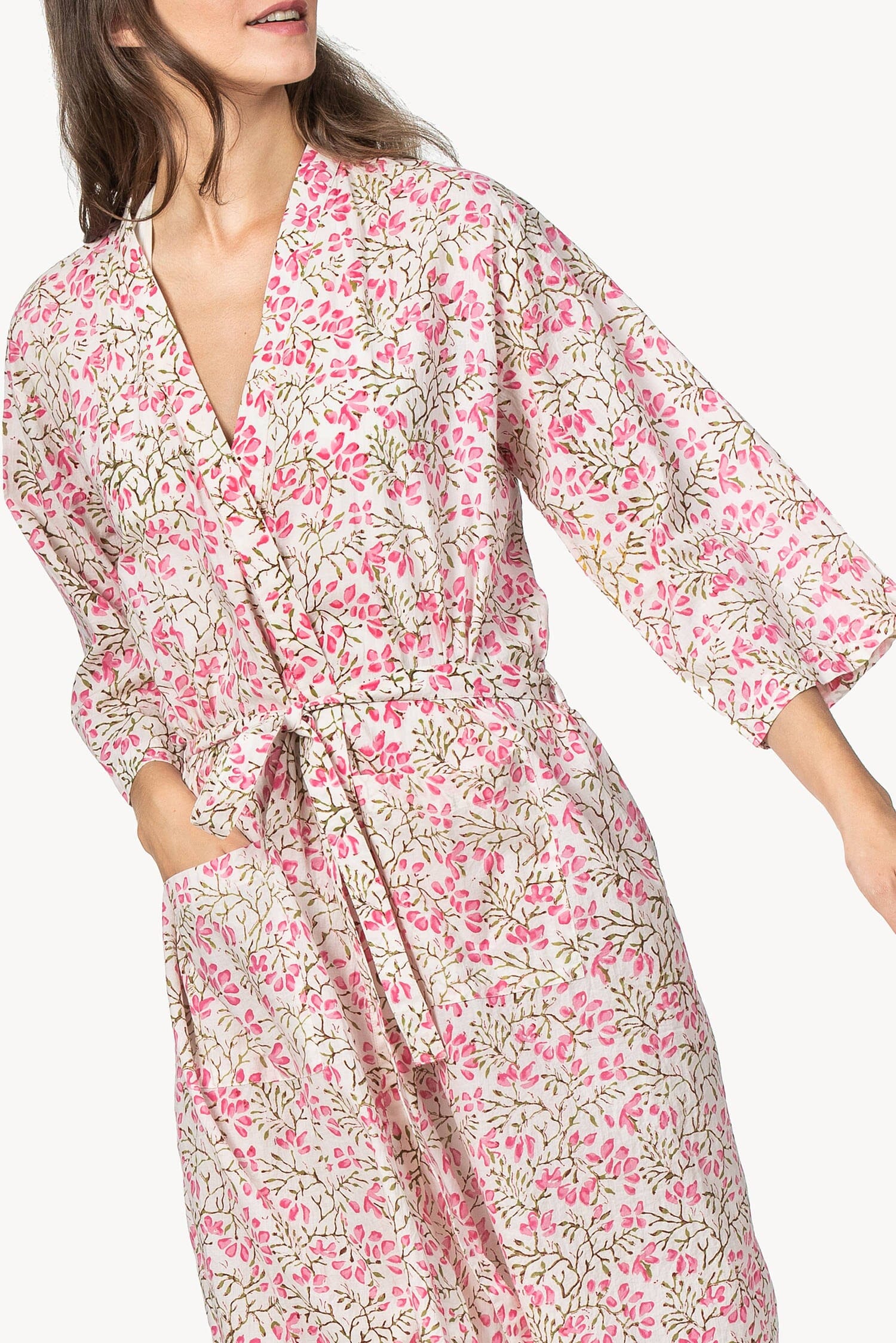 Robe Womens Robe Pink Floral Block Print A5