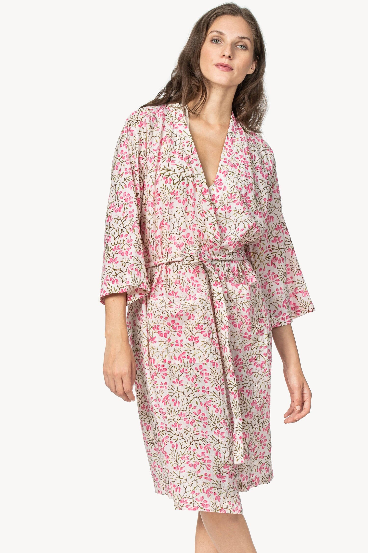 Robe Womens Robe Pink Floral Block Print A6