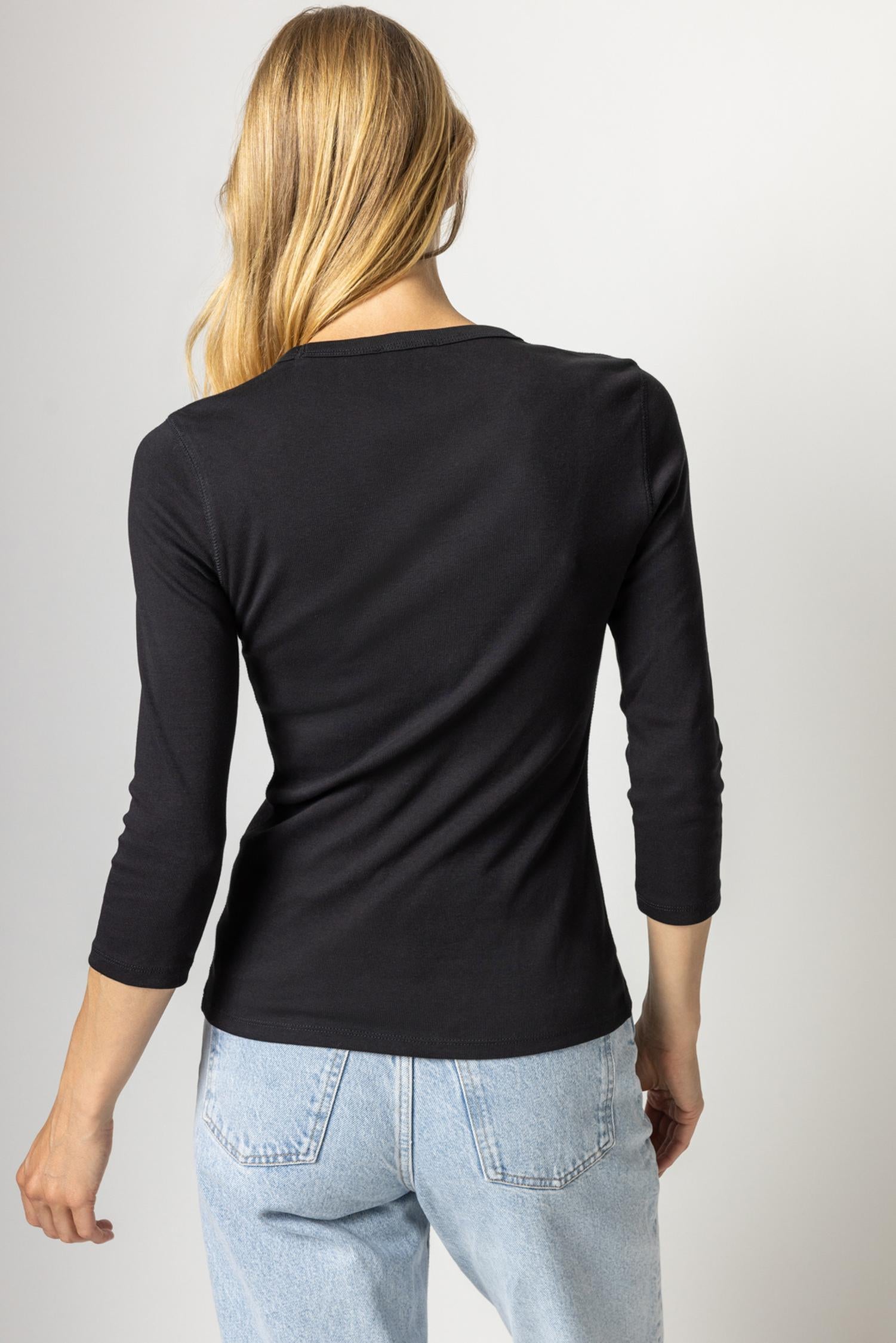 3/4 Sleeve Crew Womens Top Black A3