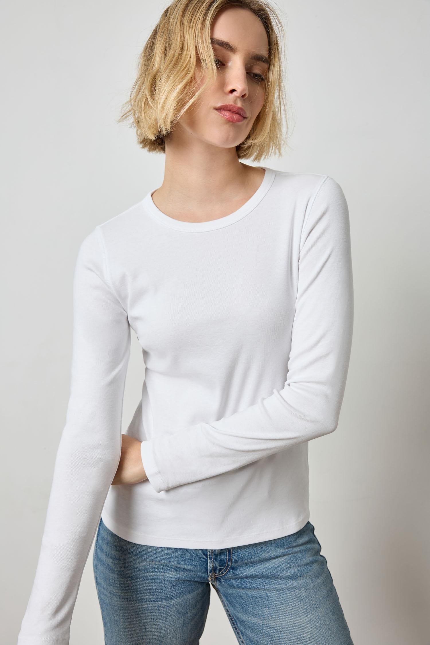 Long Sleeve Crew Womens Top White A1