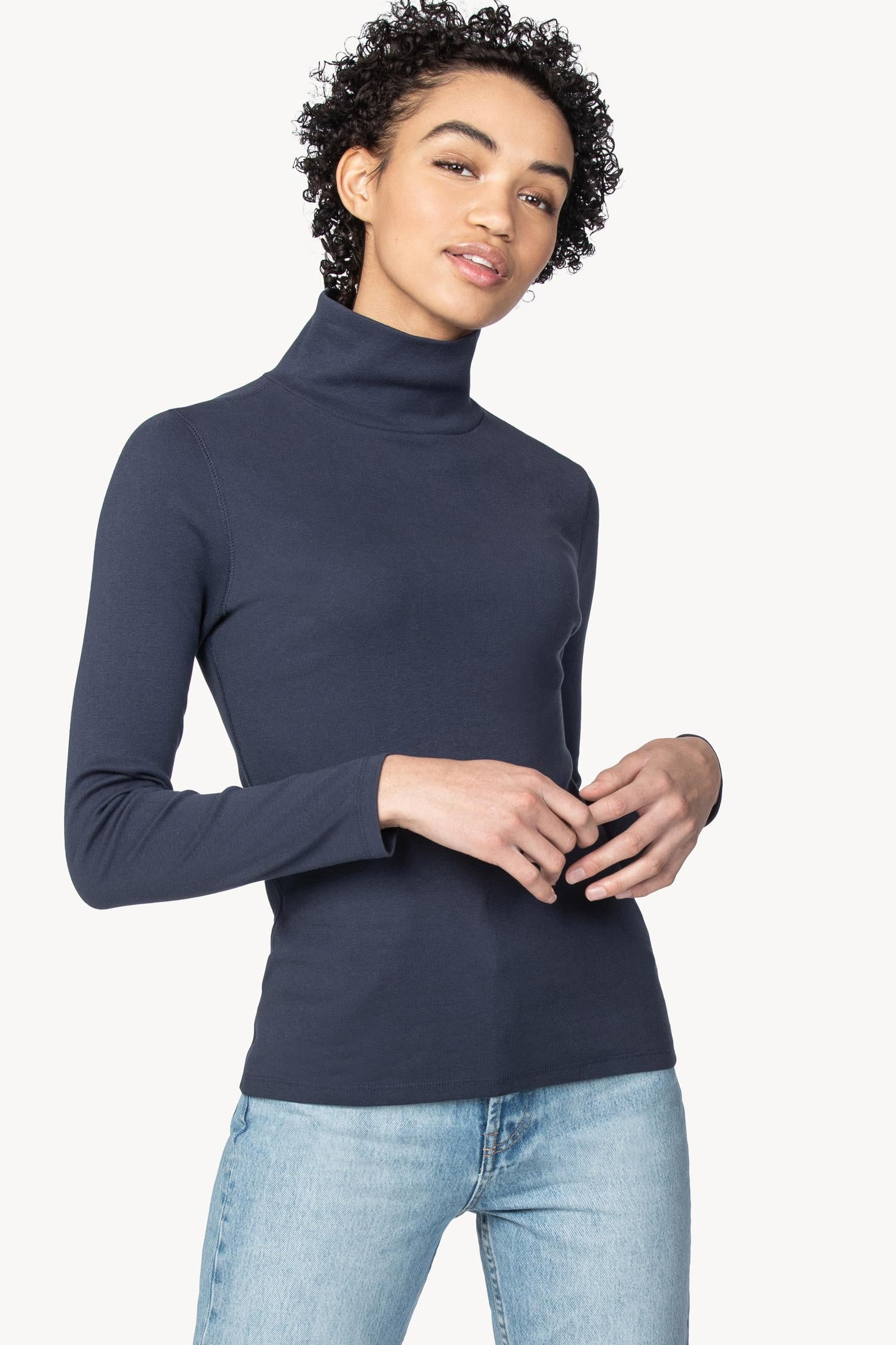 Long Sleeve Turtleneck Tee Womens Top Dark Navy A5