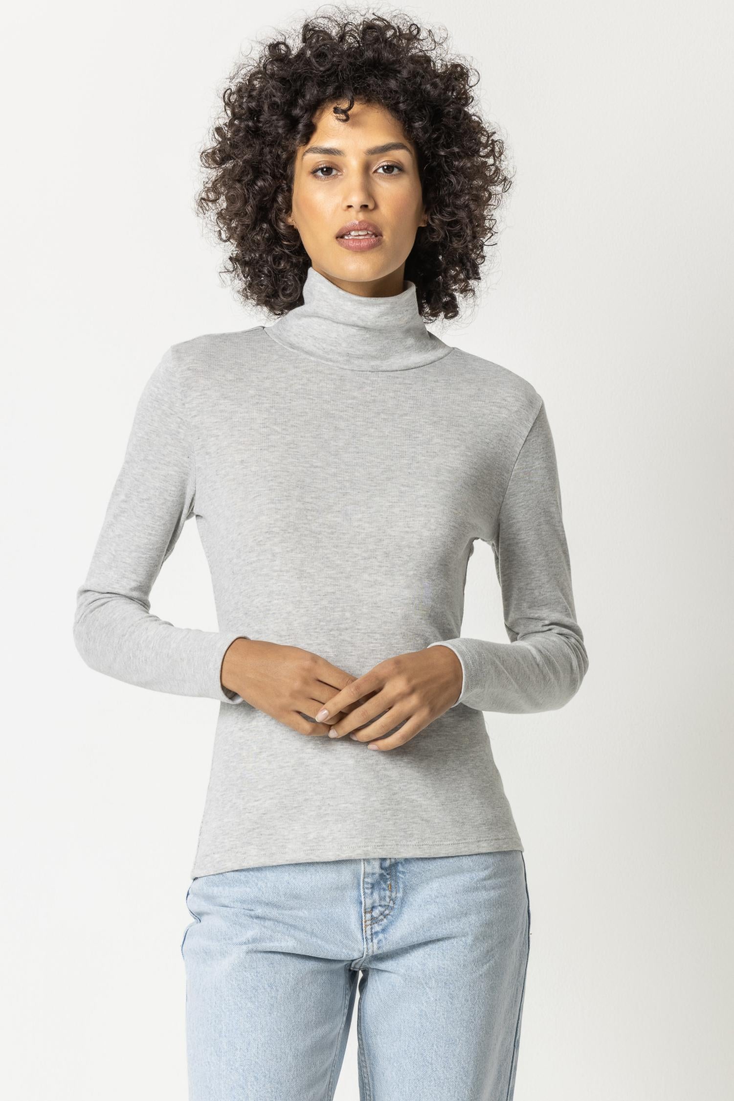 Long Sleeve Turtleneck Tee Womens Top Heather Grey A1