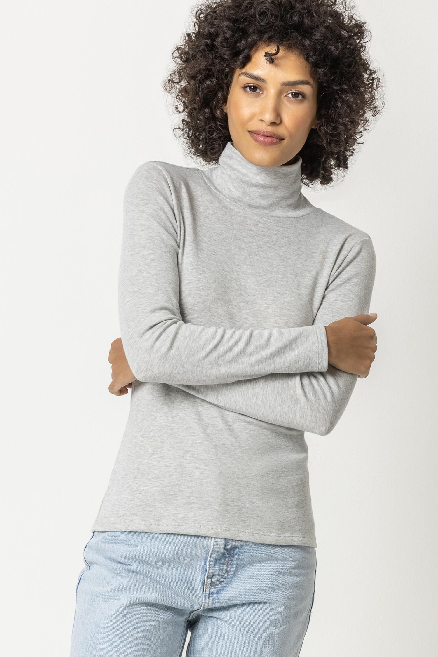 Long Sleeve Turtleneck Tee Womens Top Heather Grey A6