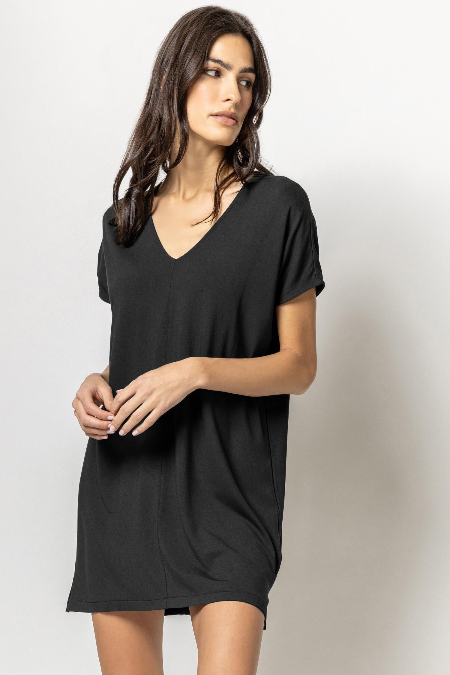 Double V-Neck Dress Womens Dress Black A1