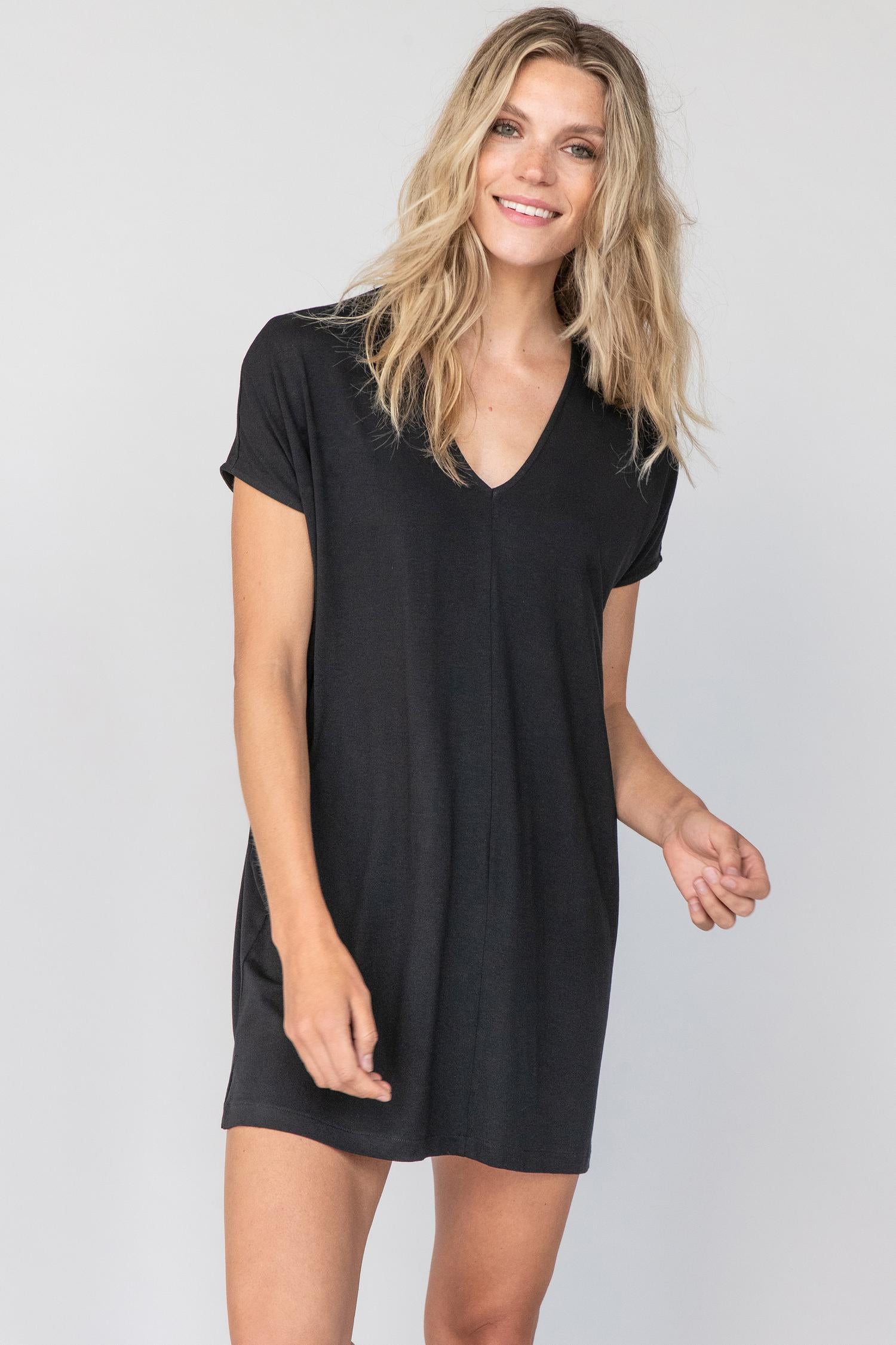 Double V-Neck Dress Womens Dress Black C2