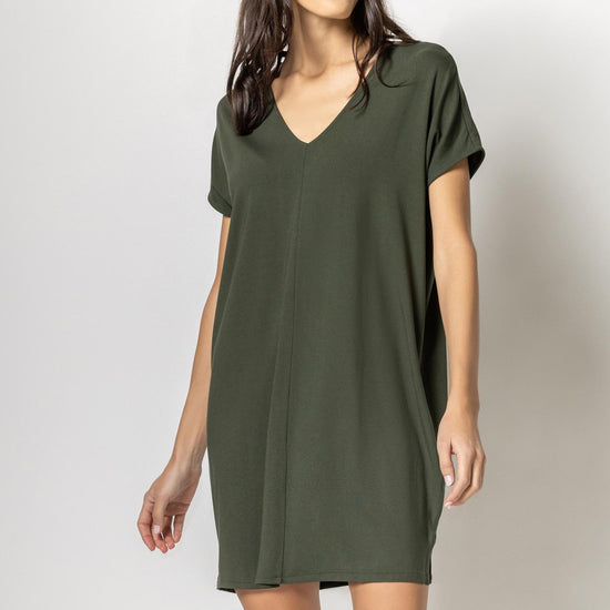 Double V-Neck Dress Womens Dress Olive A1