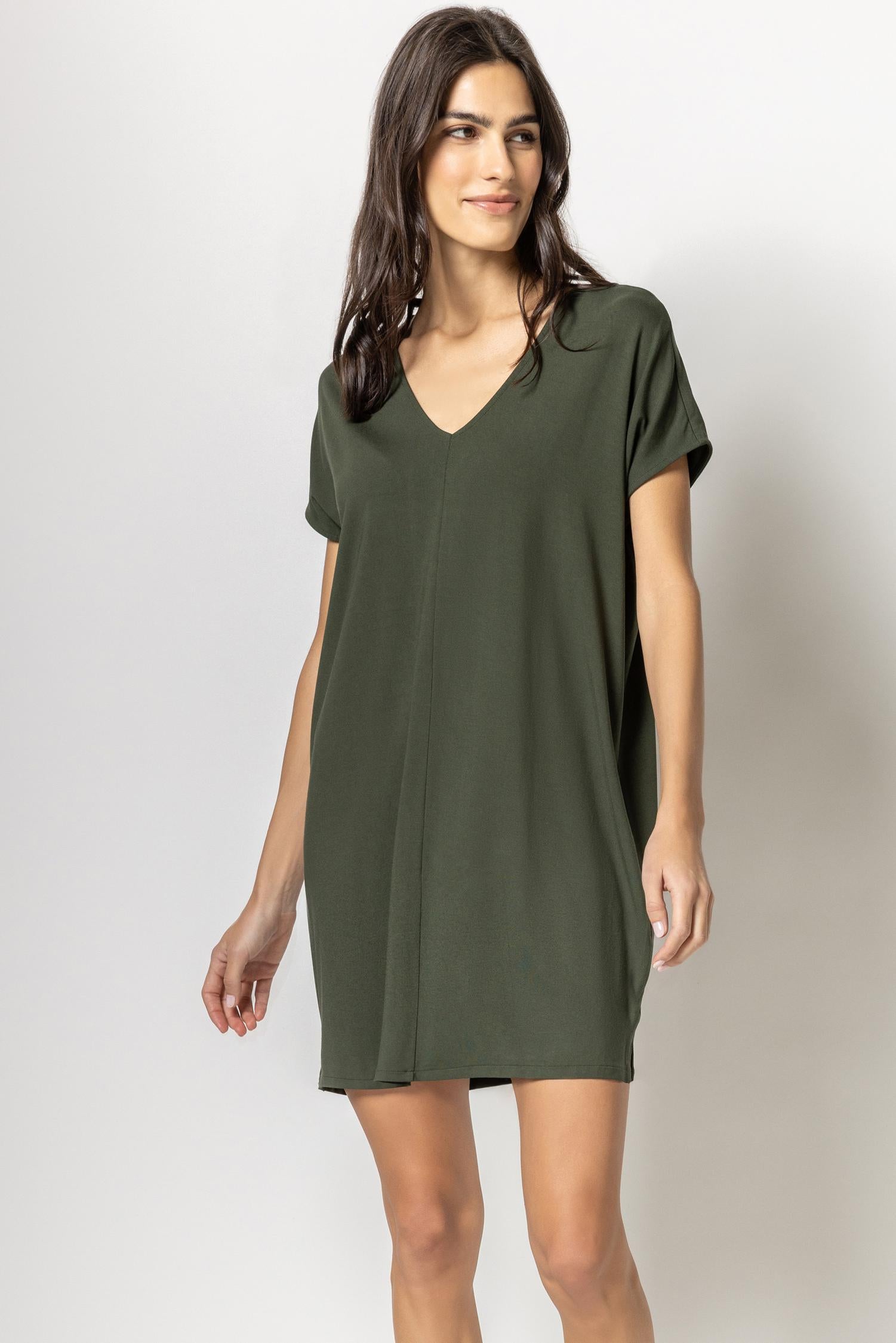 Double V-Neck Dress Womens Dress Olive A1