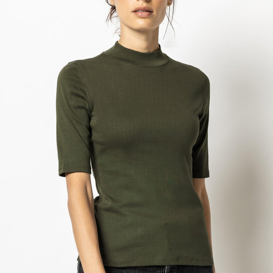 Elbow Sleeve Mock Neck Womens Top Army A1