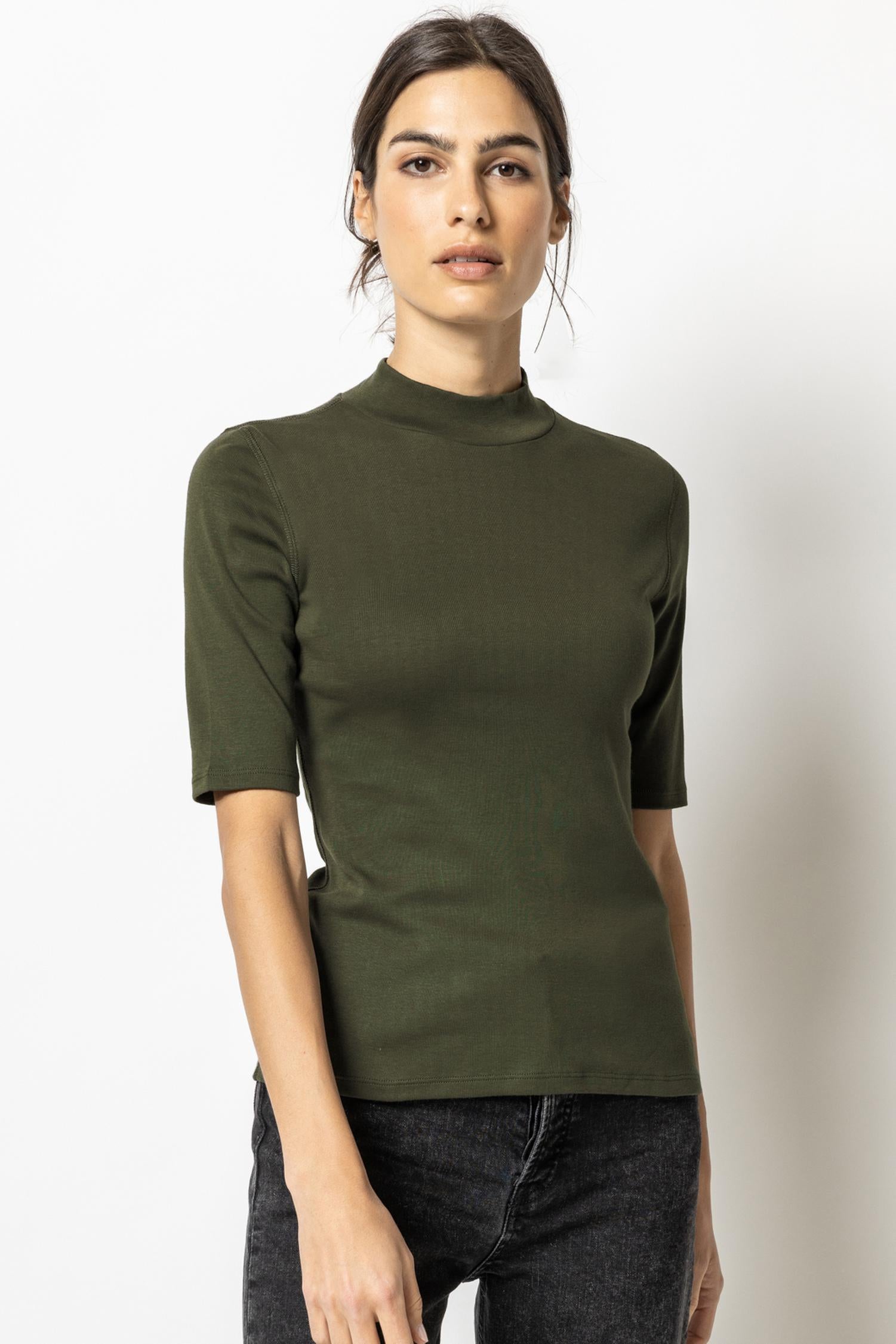 Elbow Sleeve Mock Neck Womens Top Army A1