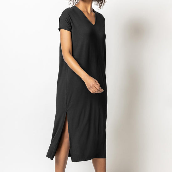 Double V-Neck Maxi Dress Womens Dress Black A1