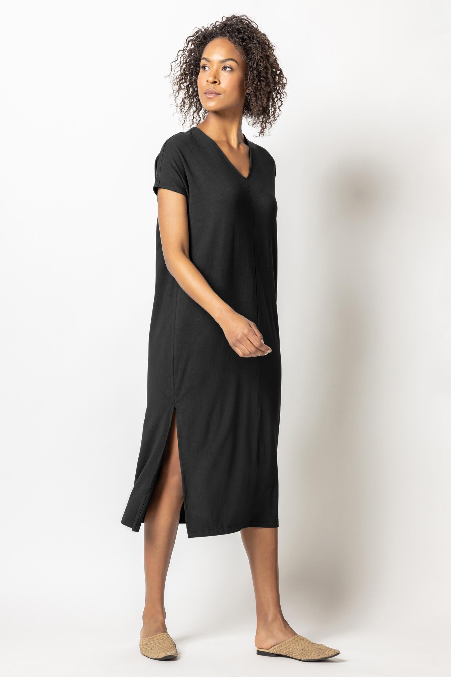 Double V-Neck Maxi Dress Womens Dress Black A1