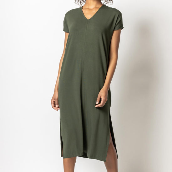 Double V-Neck Maxi Dress Womens Dress Olive A1