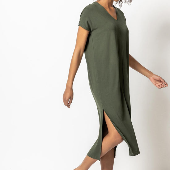 Double V-Neck Maxi Dress Womens Dress Olive A3