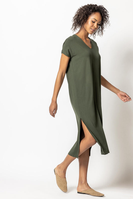 Double V-Neck Maxi Dress Womens Dress Olive A3