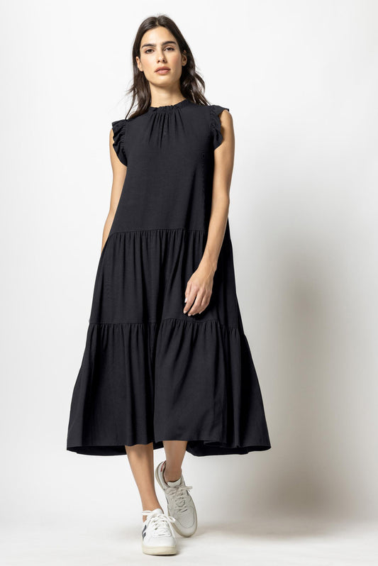 Ruffle Trim Peplum Maxi in color Black Image A1