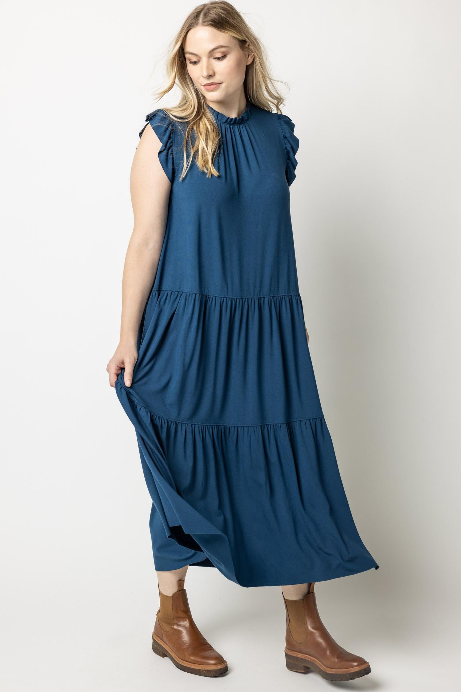 Ruffle Trim Peplum Maxi in color Lagoon Image A1