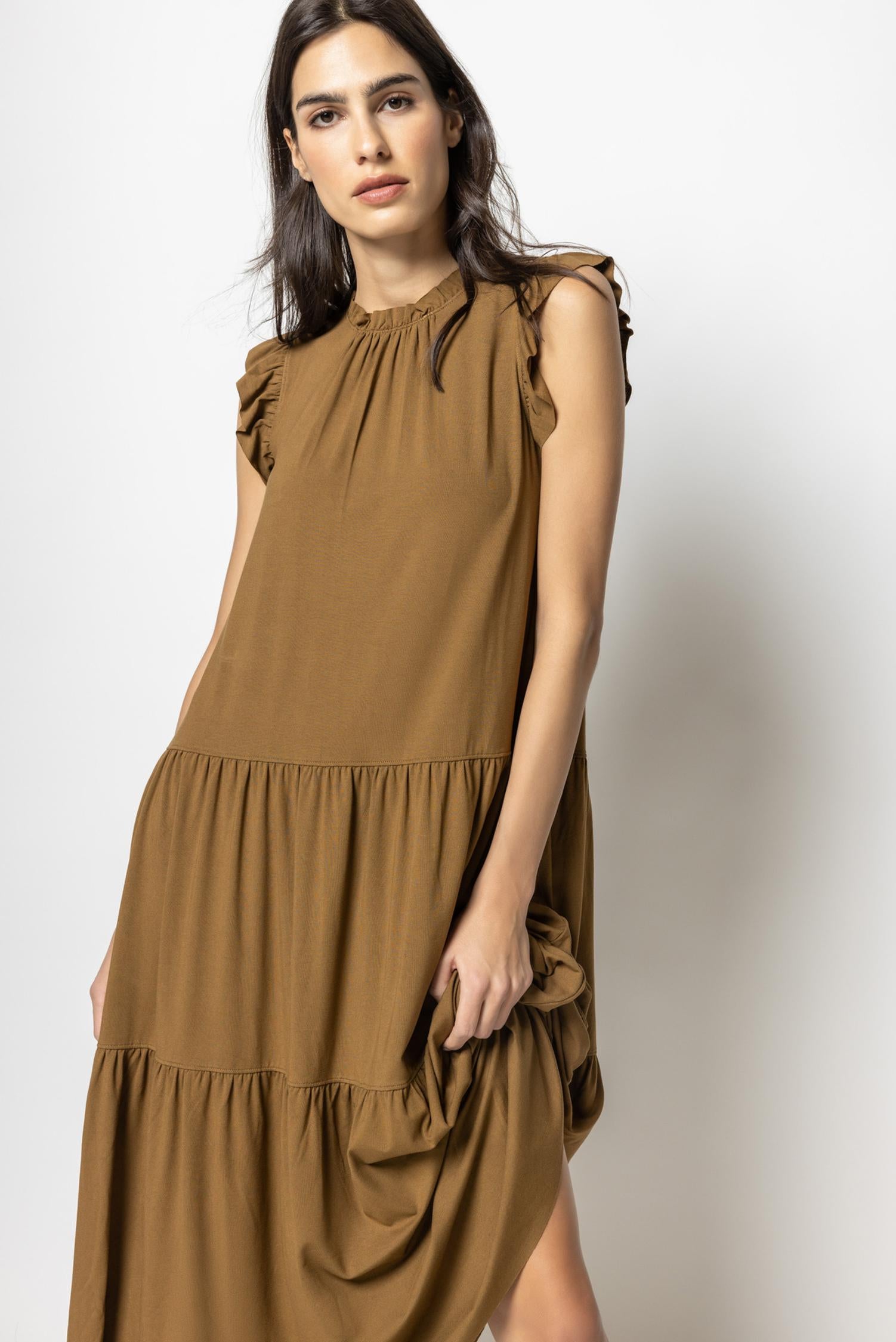 Ruffle Trim Peplum Maxi in color Toffee Image A1
