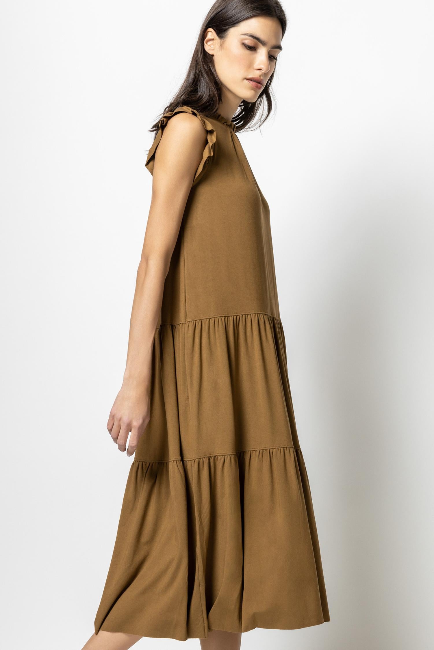 Ruffle Trim Peplum Maxi in color Toffee Image A3