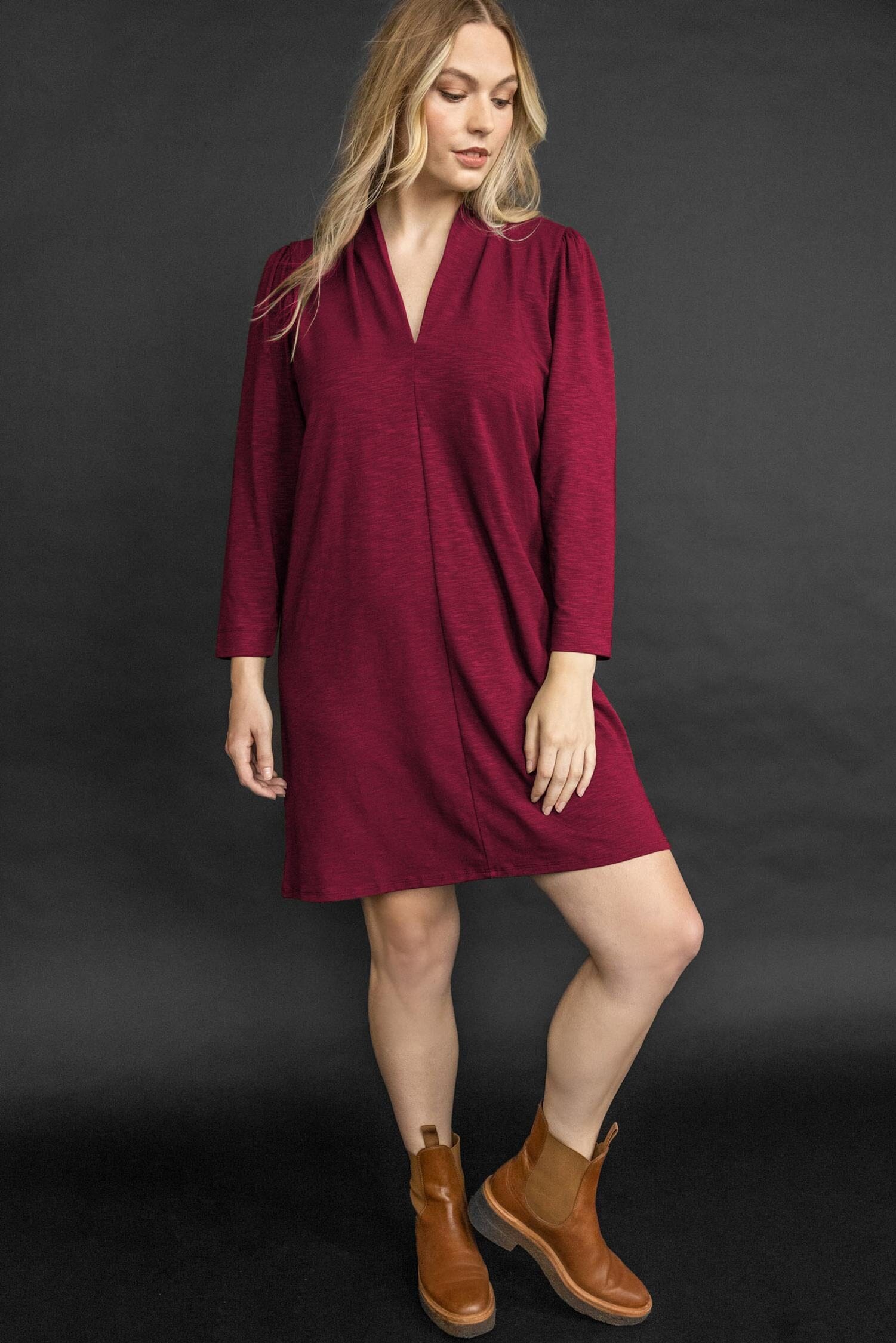 Full Sleeve Split Neck Dress Womens Dress Currant C1