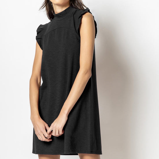 Ruffle Sleeve Mock Neck Dress Womens Dress Black A1