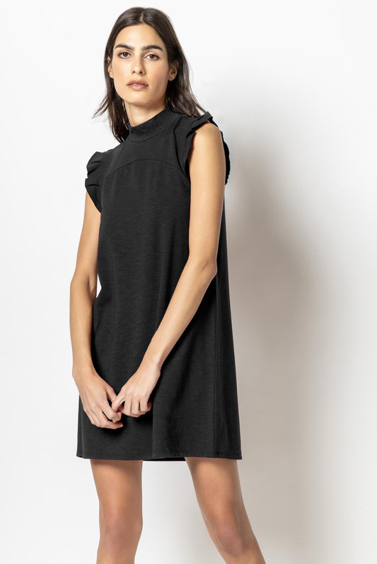 Ruffle Sleeve Mock Neck Dress Womens Dress Black A1