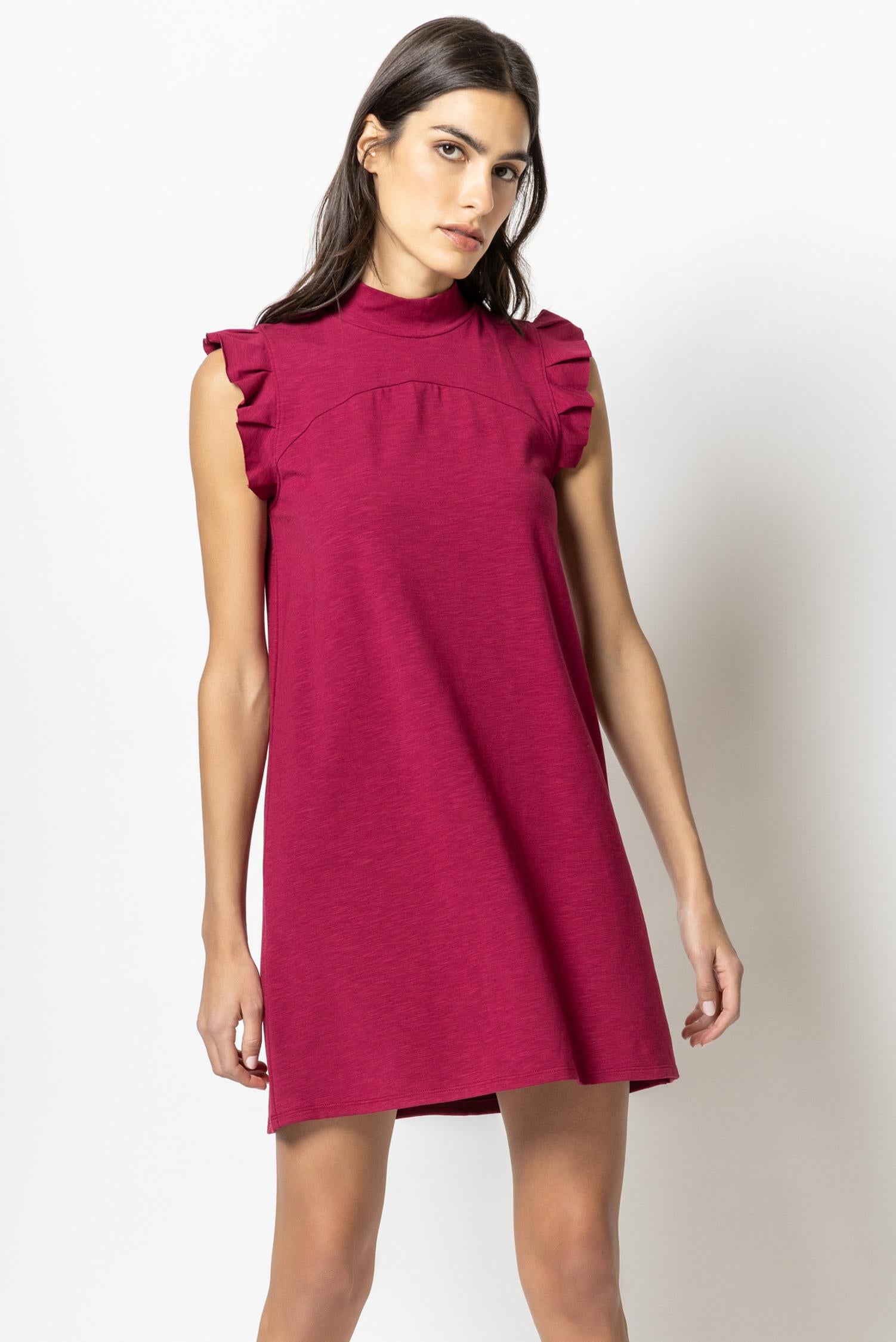 Ruffle Sleeve Mock Neck Dress Womens Dress Currant A1